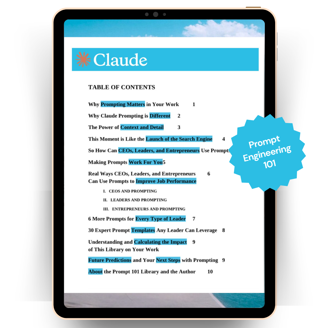 Prompt Engineering 101 Library table of contents shown on a tablet